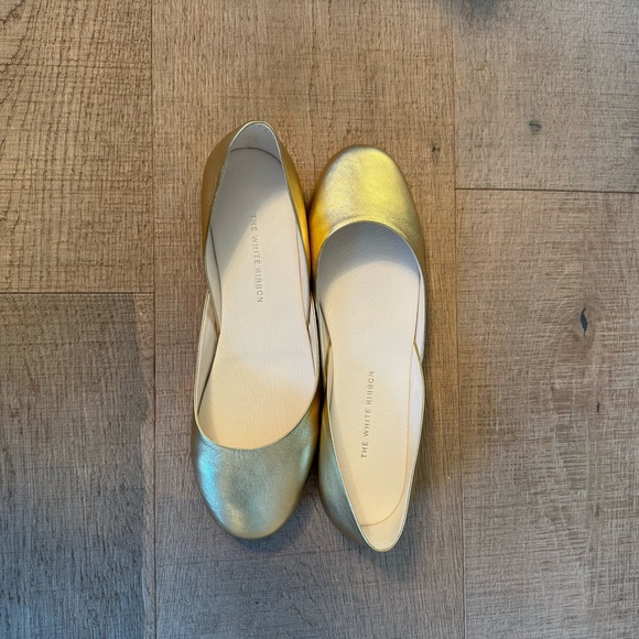 The White Ribbon Shoes - Gold Genuine Leather Ballet Flats